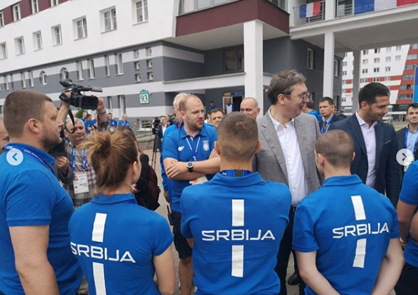 Predsednik Srbije Aleksandar Vucic u obilasku paviljona sportske delegacije Republike Srbije u sportskom selu u Minsku.