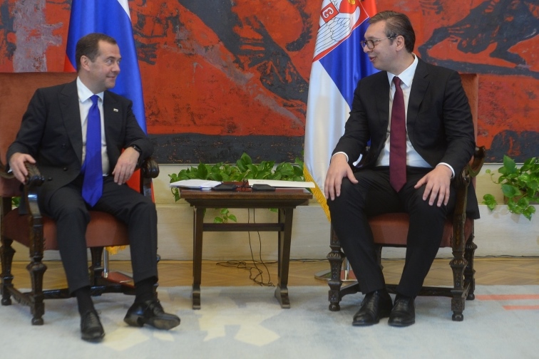 Predsednik Srbije Aleksandar Vucic i premijer Rusije Dmitrij Medveded u Predsednistvu Srbije.