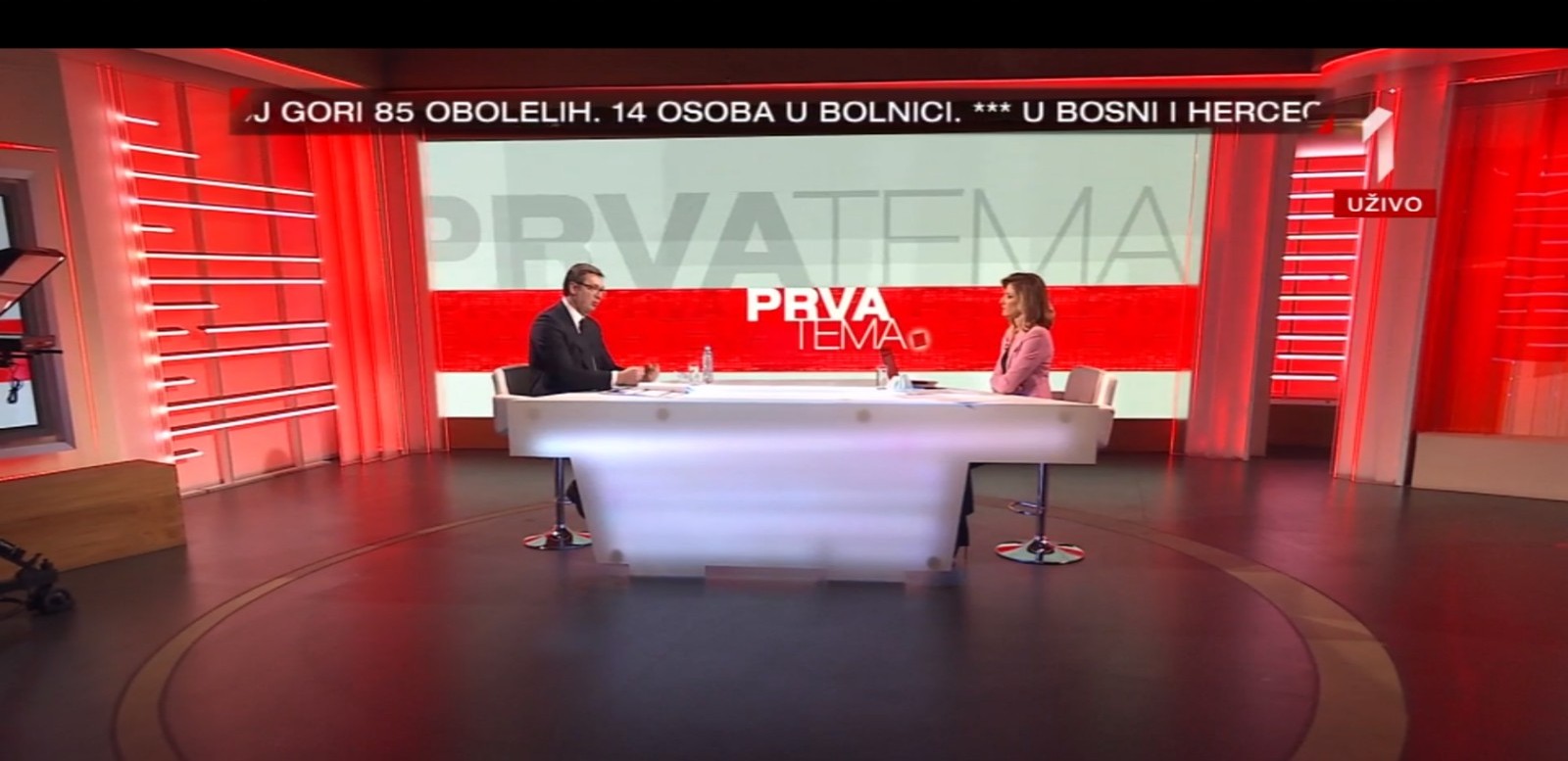 Predsednik Srbije Aleksandar Vucic u emisiji PRVA TEMA na TV Prva, povodom sadasnje situacije u Srbije zbog pandemije korona virusa.